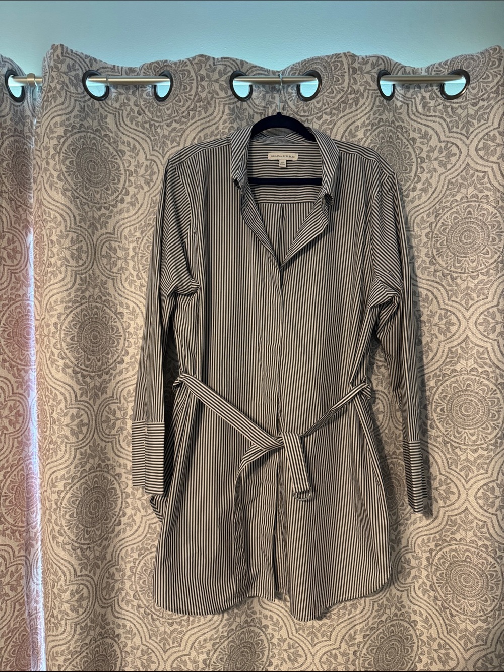 Banana Republic Charcoal and White Vertical Stripe Button-Down Tunic w/ Belt